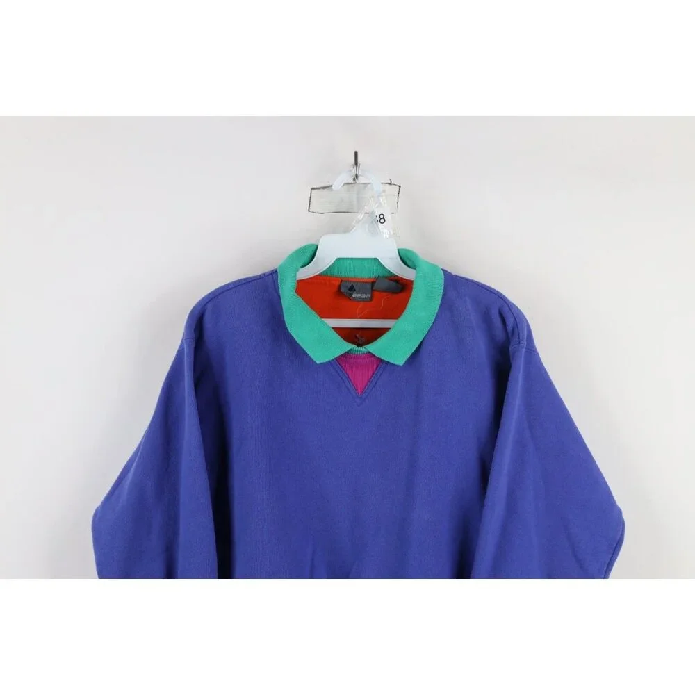 Vintage 90s Streetwear Womens Small Faded Blank Color Block Collared Sweatshirt - Picture 2 of 13